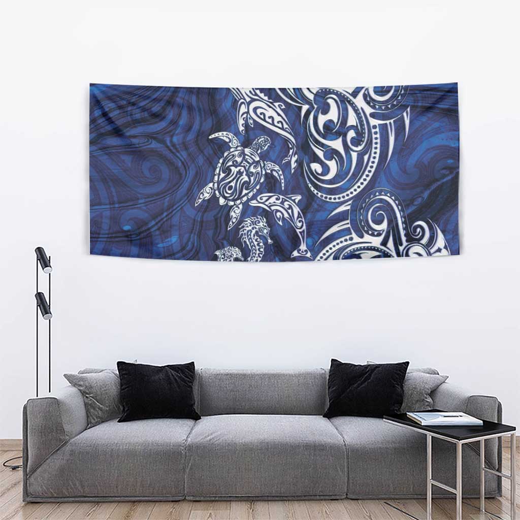 New Zealand Connecting with Seas Tapestry Maori Tribal and Sea Animals Tattoo - White Glass Style