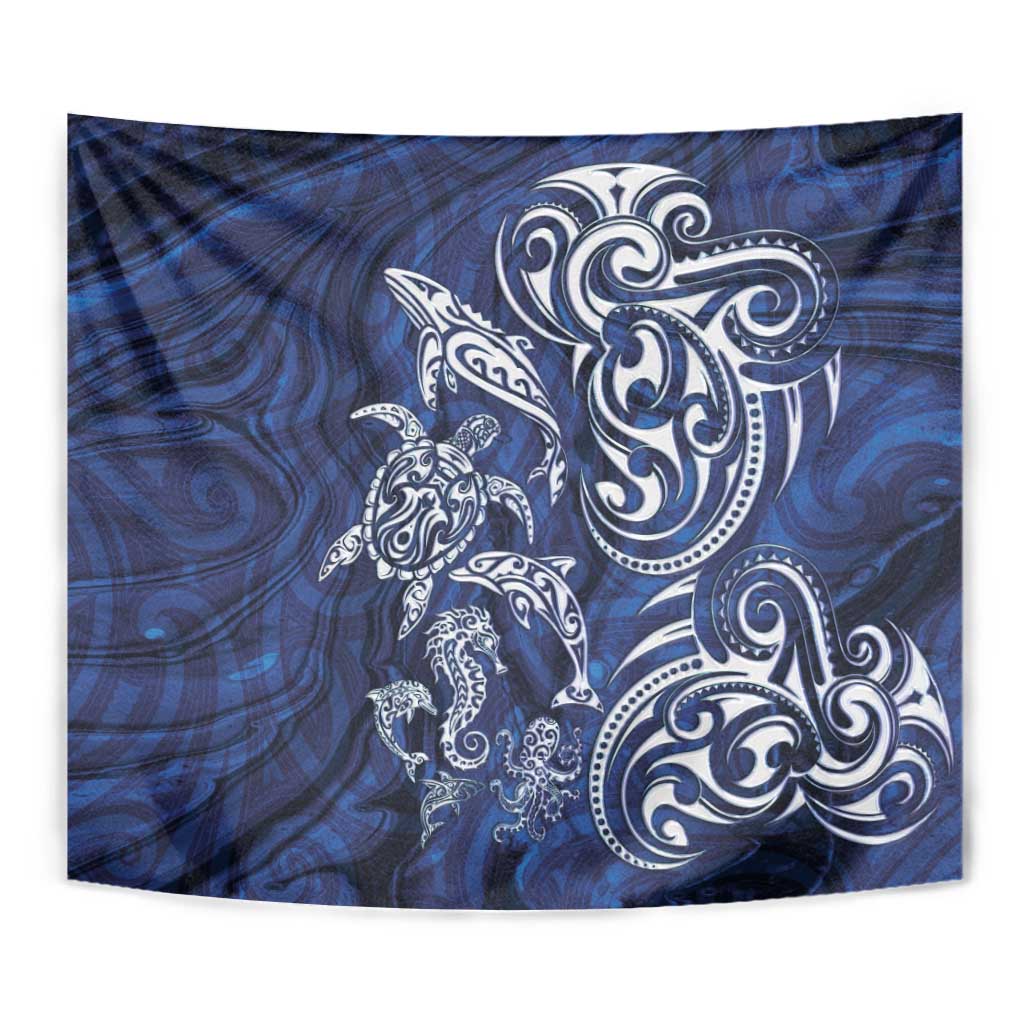 New Zealand Connecting with Seas Tapestry Maori Tribal and Sea Animals Tattoo - White Glass Style