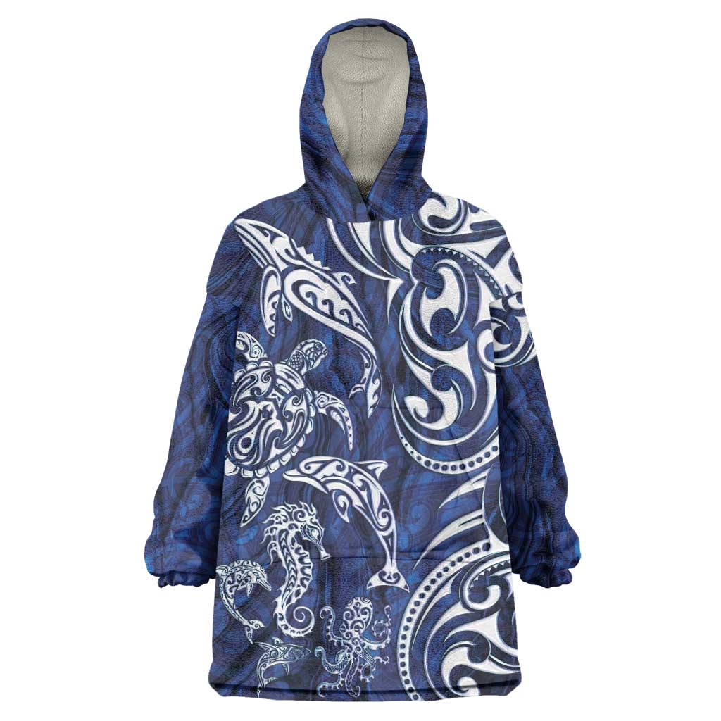 New Zealand Connecting with Seas Wearable Blanket Hoodie Maori Tribal and Sea Animals Tattoo - White Glass Style