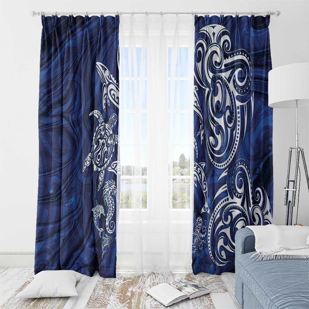 New Zealand Connecting with Seas Window Curtain Maori Tribal and Sea Animals Tattoo - White Glass Style
