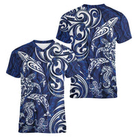 New Zealand Connecting with Seas Women V-Neck T-Shirt Maori Tribal and Sea Animals Tattoo - White Glass Style