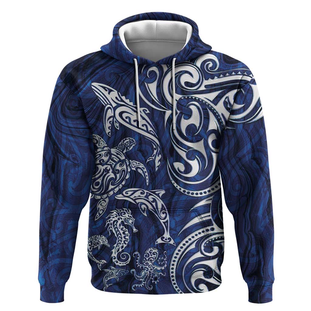 New Zealand Connecting with Seas Zip Hoodie Maori Tribal and Sea Animals Tattoo - White Glass Style
