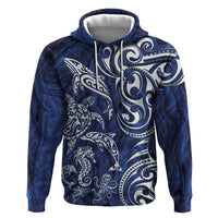 New Zealand Connecting with Seas Zip Hoodie Maori Tribal and Sea Animals Tattoo - White Glass Style