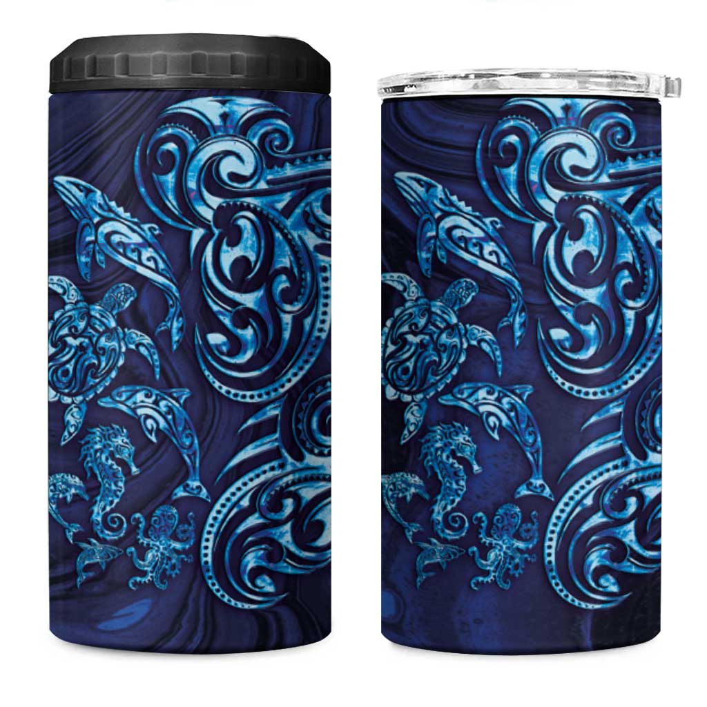 New Zealand Connecting with Seas 4 in 1 Can Cooler Tumbler Maori Tribal and Sea Animals Tattoo - Sea Texture Glass Style