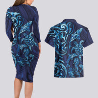 New Zealand Connecting with Seas Couples Matching Long Sleeve Bodycon Dress and Hawaiian Shirt Maori Tribal and Sea Animals Tattoo - Sea Texture Glass Style