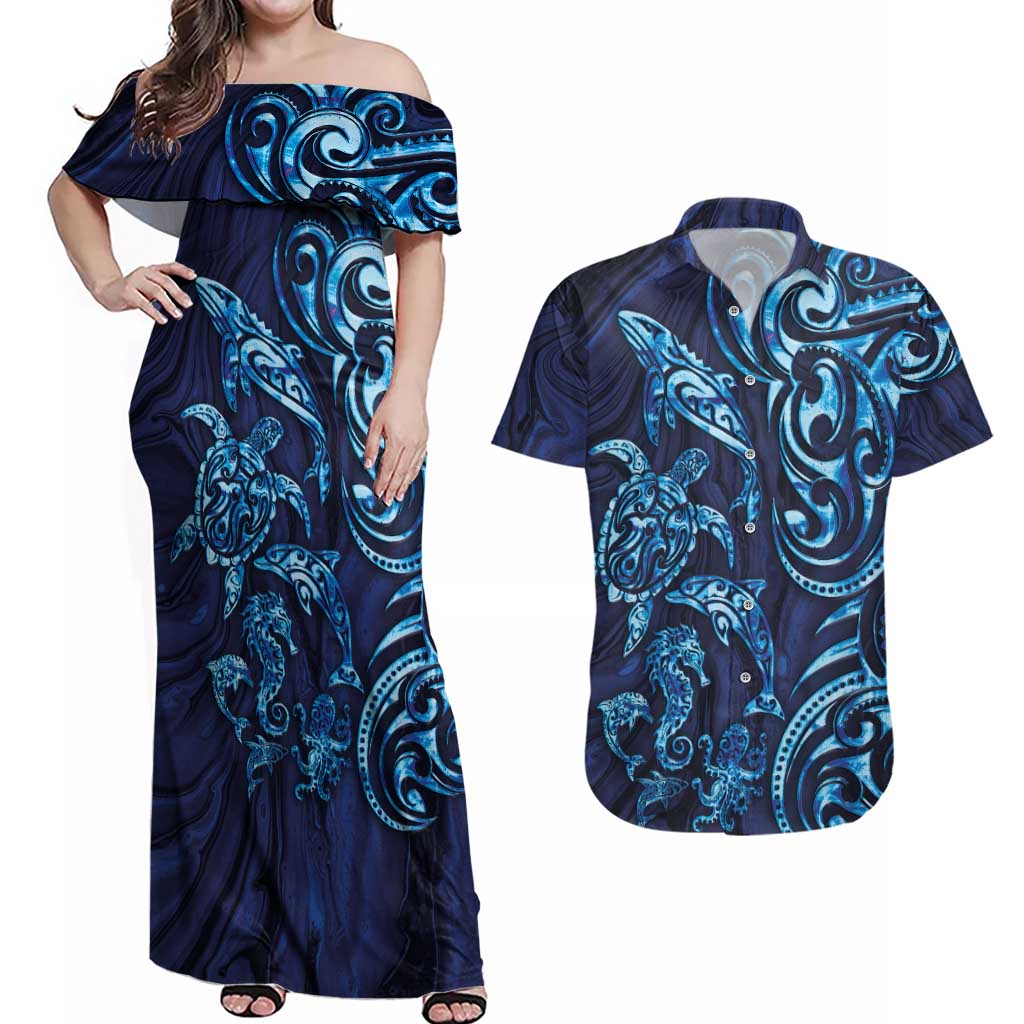 New Zealand Connecting with Seas Couples Matching Off Shoulder Maxi Dress and Hawaiian Shirt Maori Tribal and Sea Animals Tattoo - Sea Texture Glass Style