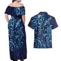 New Zealand Connecting with Seas Couples Matching Off Shoulder Maxi Dress and Hawaiian Shirt Maori Tribal and Sea Animals Tattoo - Sea Texture Glass Style
