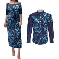 New Zealand Connecting with Seas Couples Matching Puletasi and Long Sleeve Button Shirt Maori Tribal and Sea Animals Tattoo - Sea Texture Glass Style