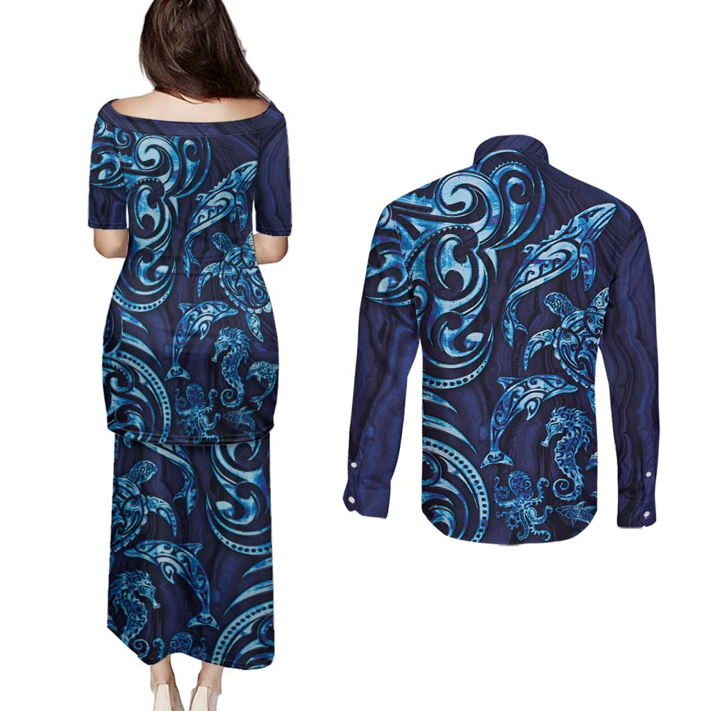New Zealand Connecting with Seas Couples Matching Puletasi and Long Sleeve Button Shirt Maori Tribal and Sea Animals Tattoo - Sea Texture Glass Style