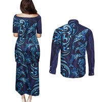 New Zealand Connecting with Seas Couples Matching Puletasi and Long Sleeve Button Shirt Maori Tribal and Sea Animals Tattoo - Sea Texture Glass Style