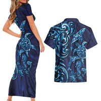 New Zealand Connecting with Seas Couples Matching Short Sleeve Bodycon Dress and Hawaiian Shirt Maori Tribal and Sea Animals Tattoo - Sea Texture Glass Style