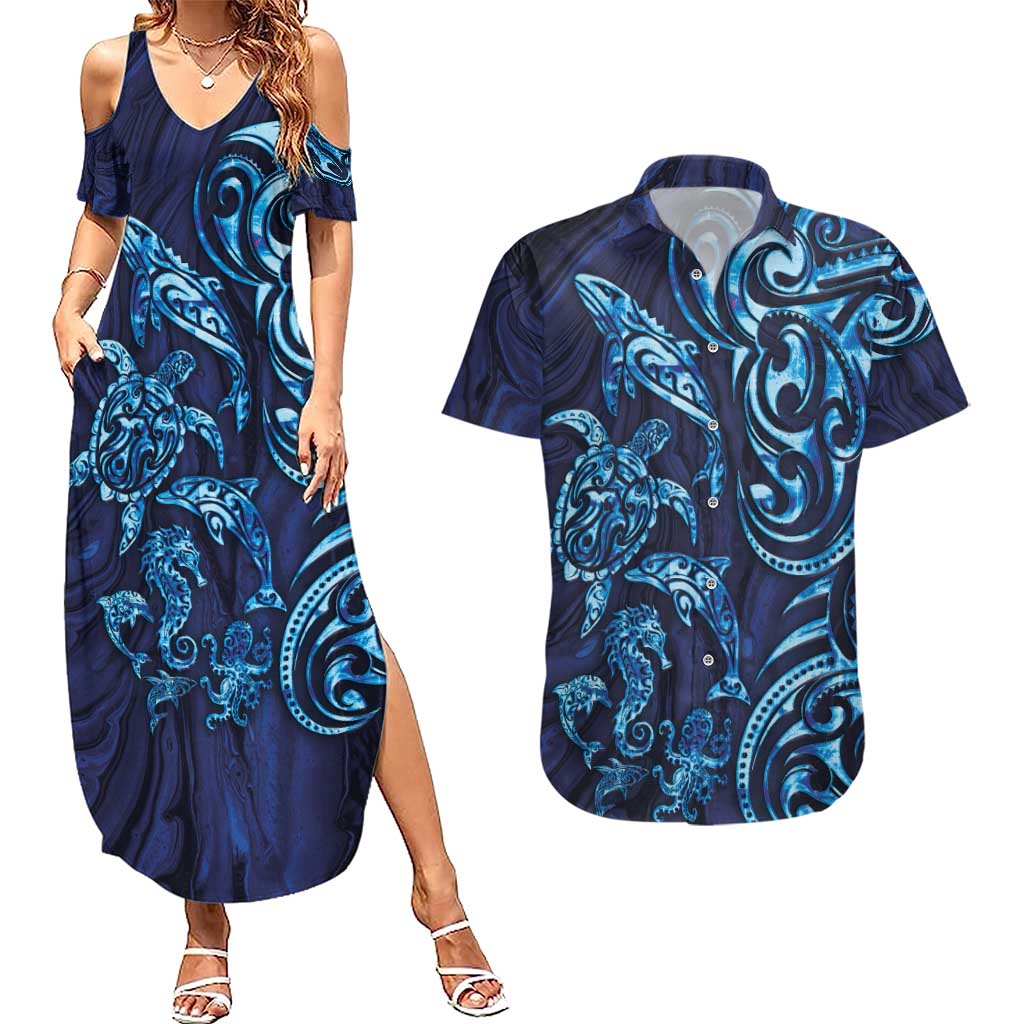 New Zealand Connecting with Seas Couples Matching Summer Maxi Dress and Hawaiian Shirt Maori Tribal and Sea Animals Tattoo - Sea Texture Glass Style