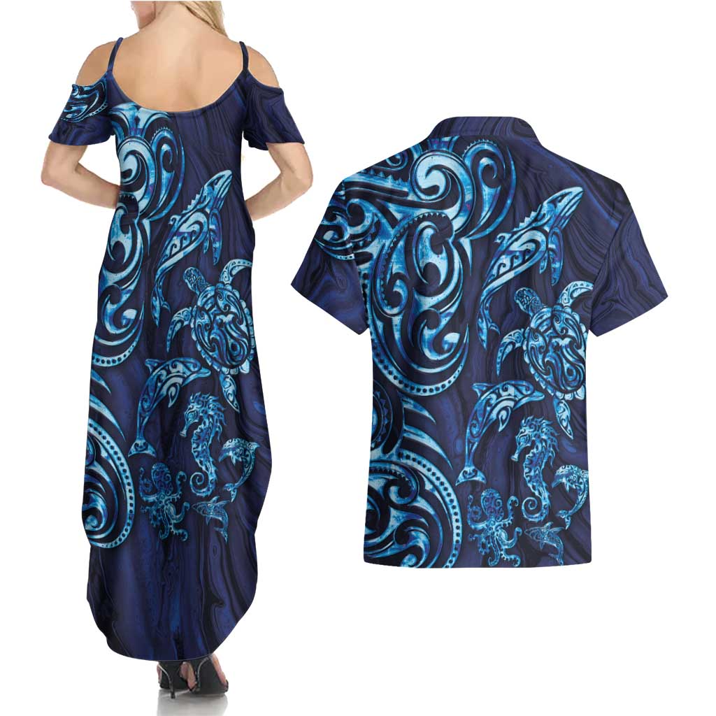New Zealand Connecting with Seas Couples Matching Summer Maxi Dress and Hawaiian Shirt Maori Tribal and Sea Animals Tattoo - Sea Texture Glass Style