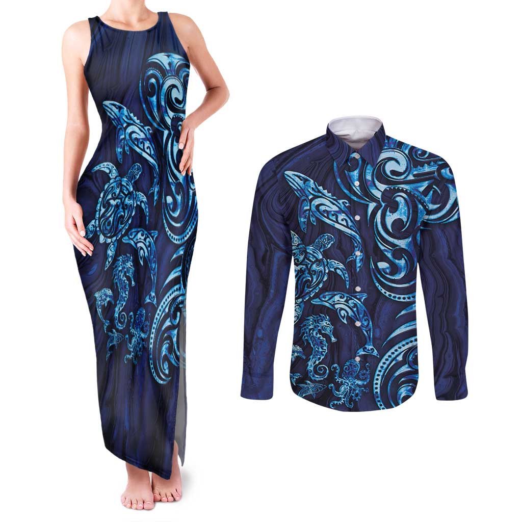 New Zealand Connecting with Seas Couples Matching Tank Maxi Dress and Long Sleeve Button Shirt Maori Tribal and Sea Animals Tattoo - Sea Texture Glass Style