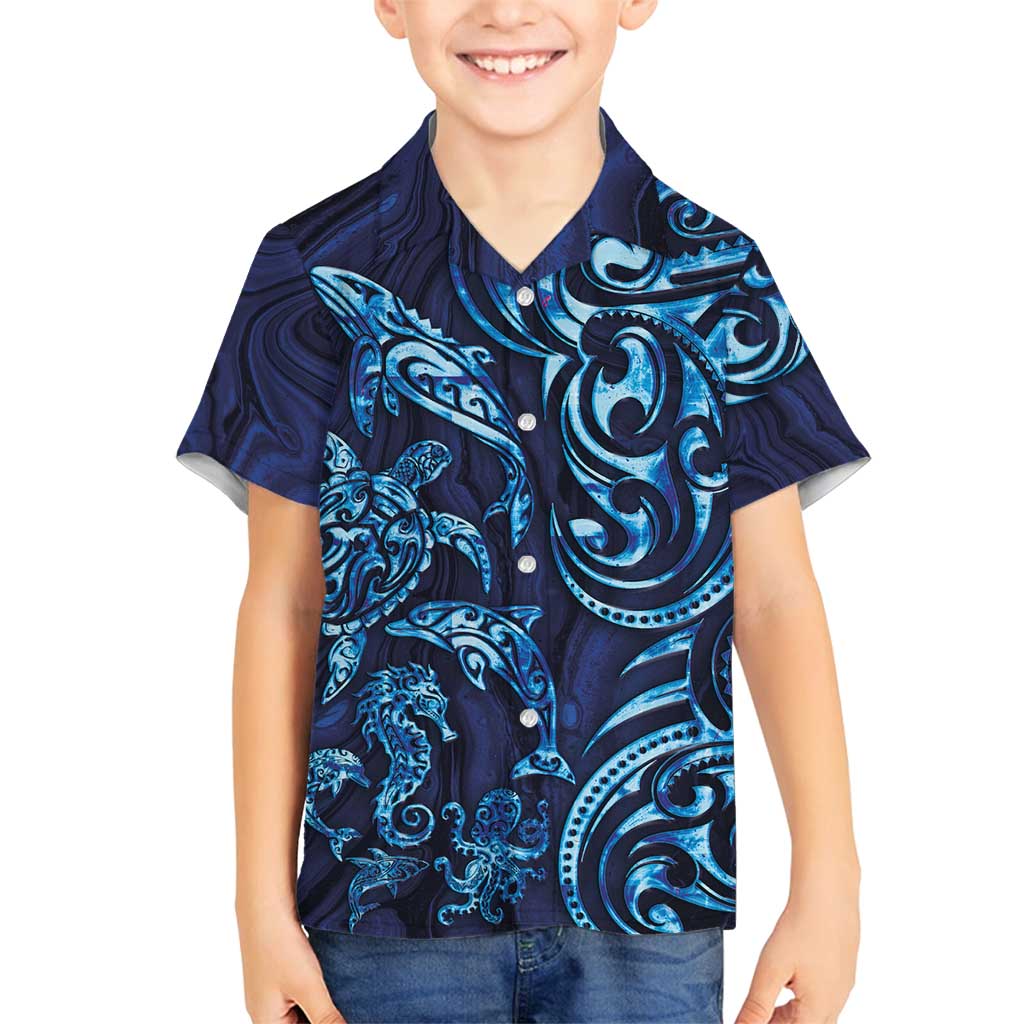 New Zealand Connecting with Seas Family Matching Off Shoulder Short Dress and Hawaiian Shirt Maori Tribal and Sea Animals Tattoo - Sea Texture Glass Style