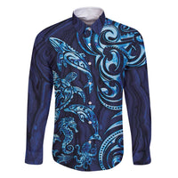 New Zealand Connecting with Seas Family Matching Tank Maxi Dress and Hawaiian Shirt Maori Tribal and Sea Animals Tattoo - Sea Texture Glass Style LT03 Dad's Shirt - Long Sleeve Navy - Polynesian Pride