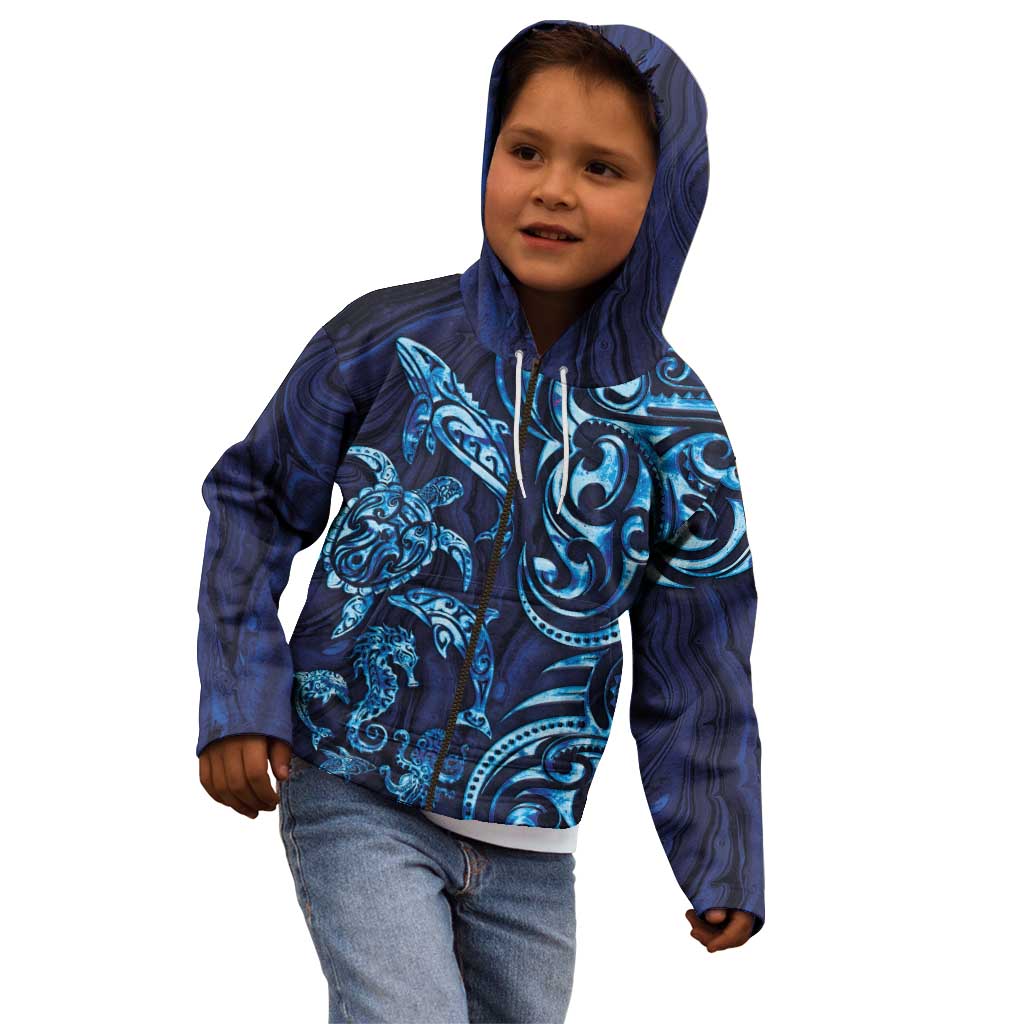 New Zealand Connecting with Seas Kid Hoodie Maori Tribal and Sea Animals Tattoo - Sea Texture Glass Style