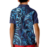 New Zealand Connecting with Seas Kid Polo Shirt Maori Tribal and Sea Animals Tattoo - Sea Texture Glass Style
