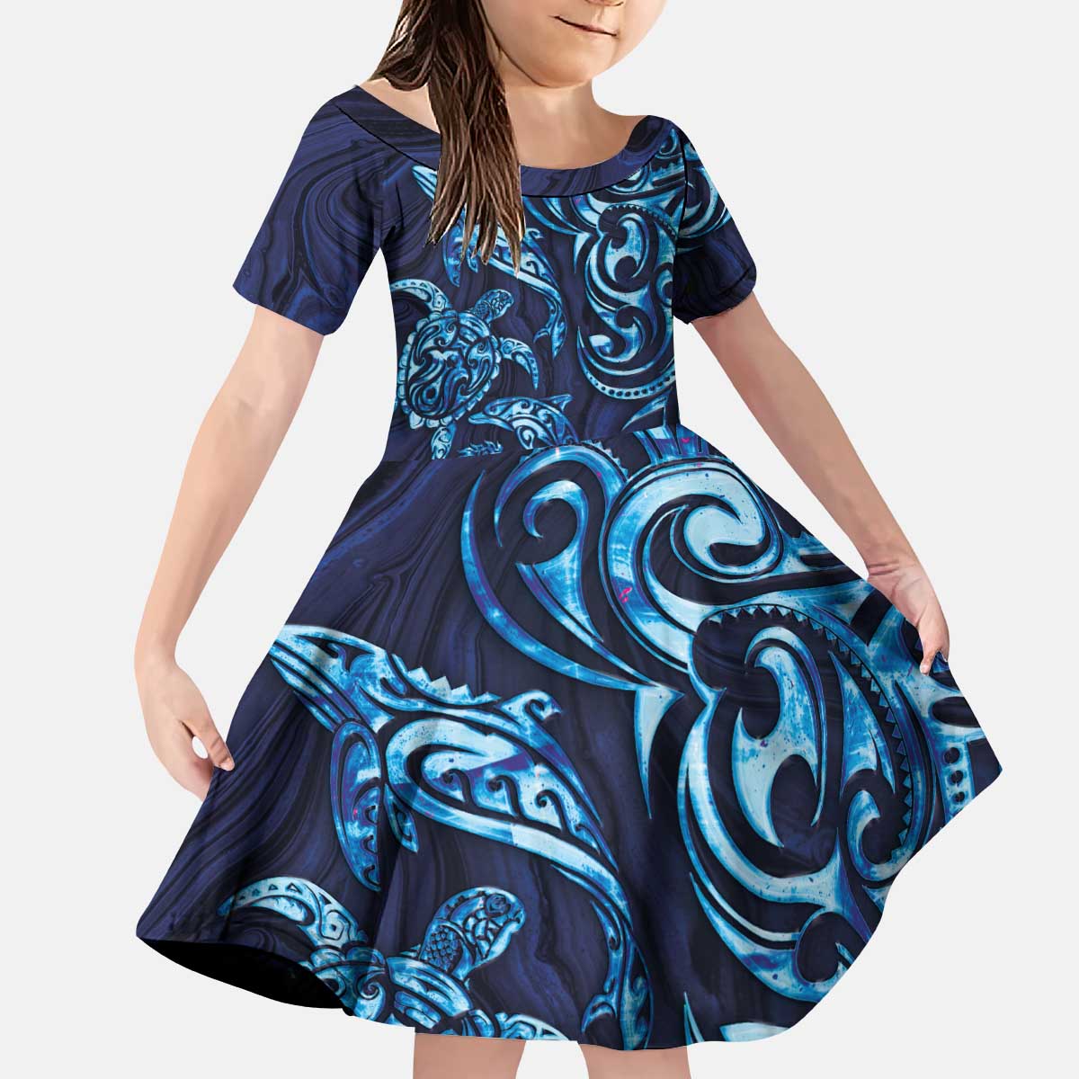 New Zealand Connecting with Seas Kid Short Sleeve Dress Maori Tribal and Sea Animals Tattoo - Sea Texture Glass Style
