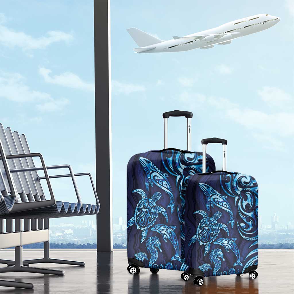 New Zealand Connecting with Seas Luggage Cover Maori Tribal and Sea Animals Tattoo - Sea Texture Glass Style