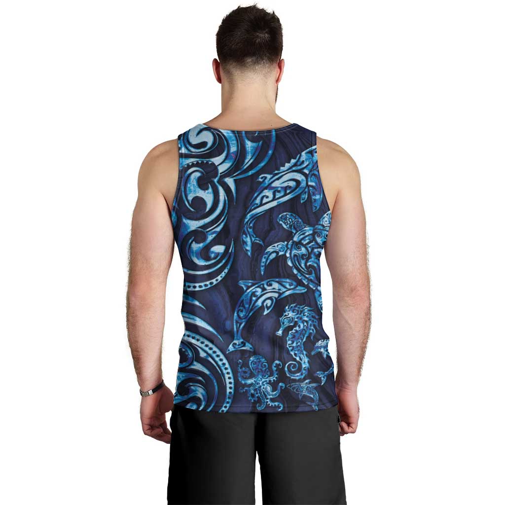 New Zealand Connecting with Seas Men Tank Top Maori Tribal and Sea Animals Tattoo - Sea Texture Glass Style