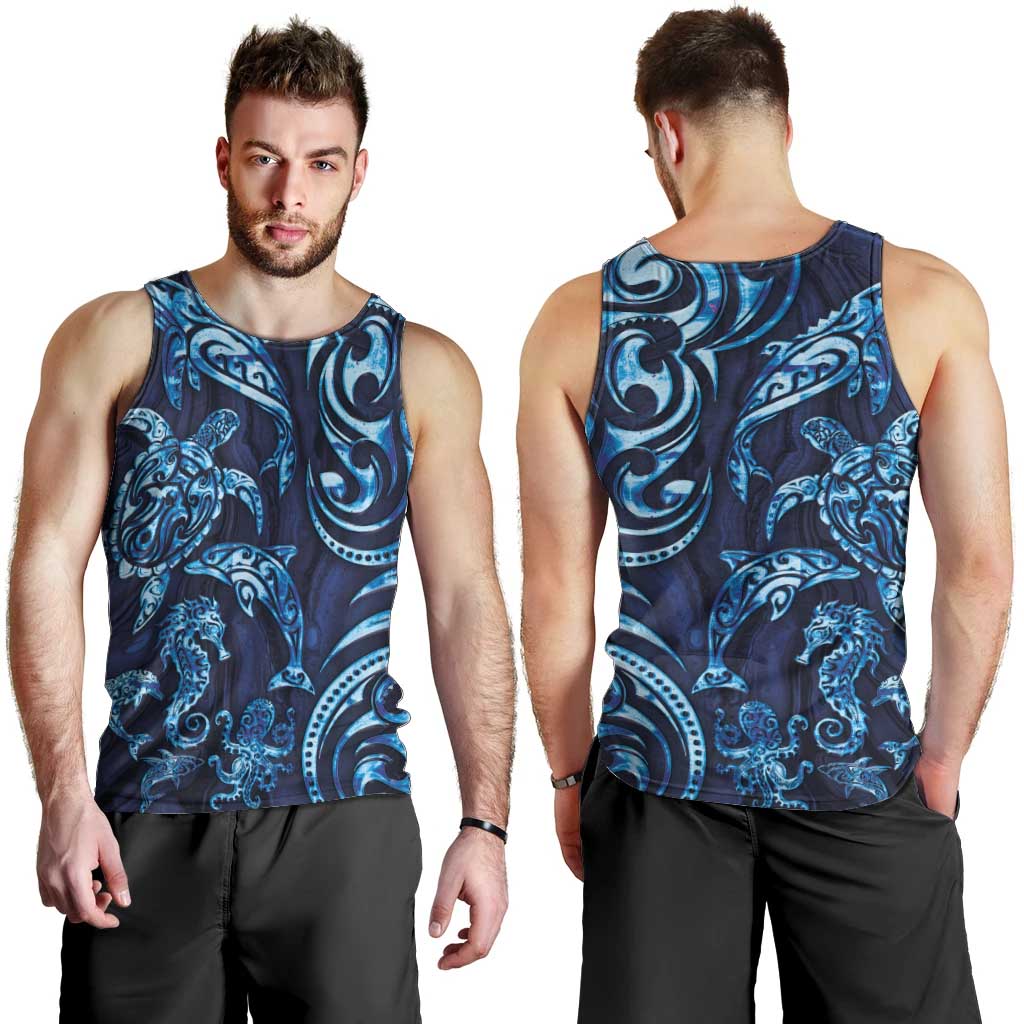 New Zealand Connecting with Seas Men Tank Top Maori Tribal and Sea Animals Tattoo - Sea Texture Glass Style
