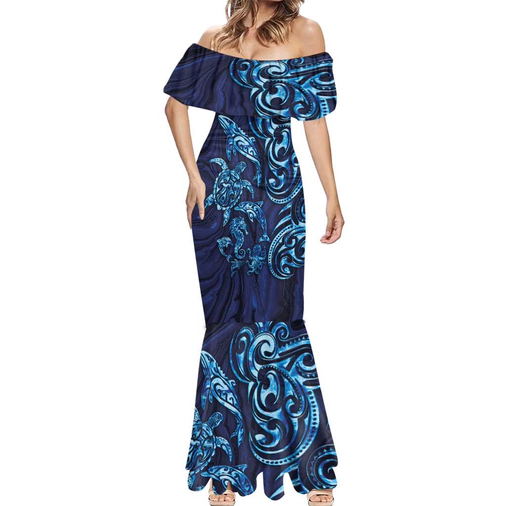 New Zealand Connecting with Seas Mermaid Dress Maori Tribal and Sea Animals Tattoo - Sea Texture Glass Style