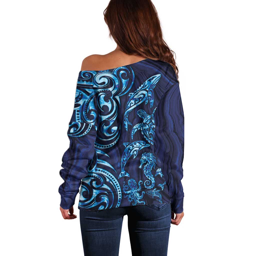 New Zealand Connecting with Seas Off Shoulder Sweater Maori Tribal and Sea Animals Tattoo - Sea Texture Glass Style