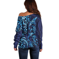 New Zealand Connecting with Seas Off Shoulder Sweater Maori Tribal and Sea Animals Tattoo - Sea Texture Glass Style
