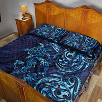 New Zealand Connecting with Seas Quilt Bed Set Maori Tribal and Sea Animals Tattoo - Sea Texture Glass Style