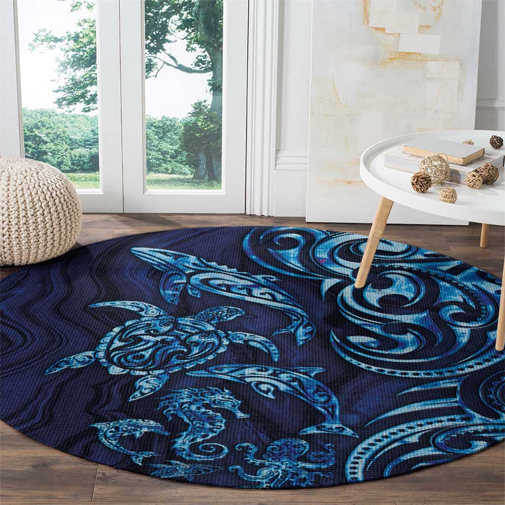 New Zealand Connecting with Seas Round Carpet Maori Tribal and Sea Animals Tattoo - Sea Texture Glass Style