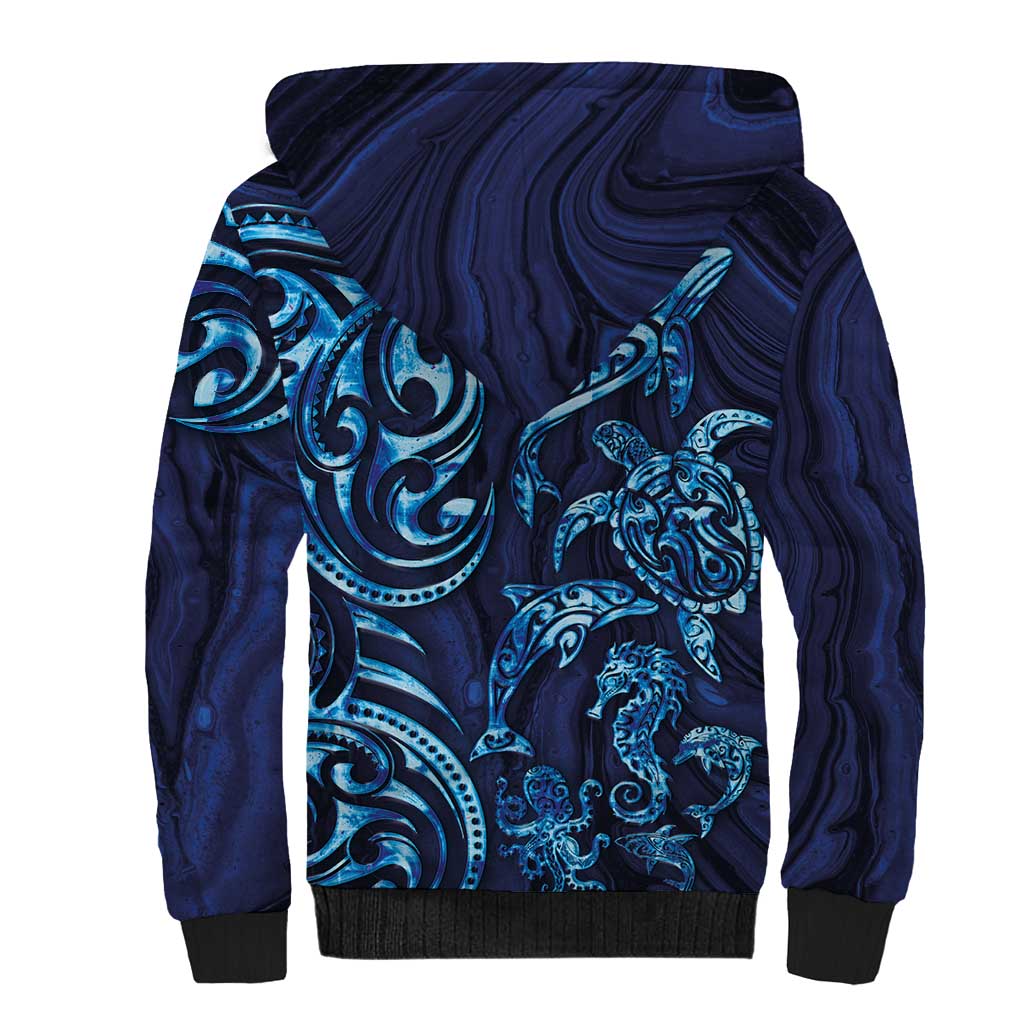 New Zealand Connecting with Seas Sherpa Hoodie Maori Tribal and Sea Animals Tattoo - Sea Texture Glass Style