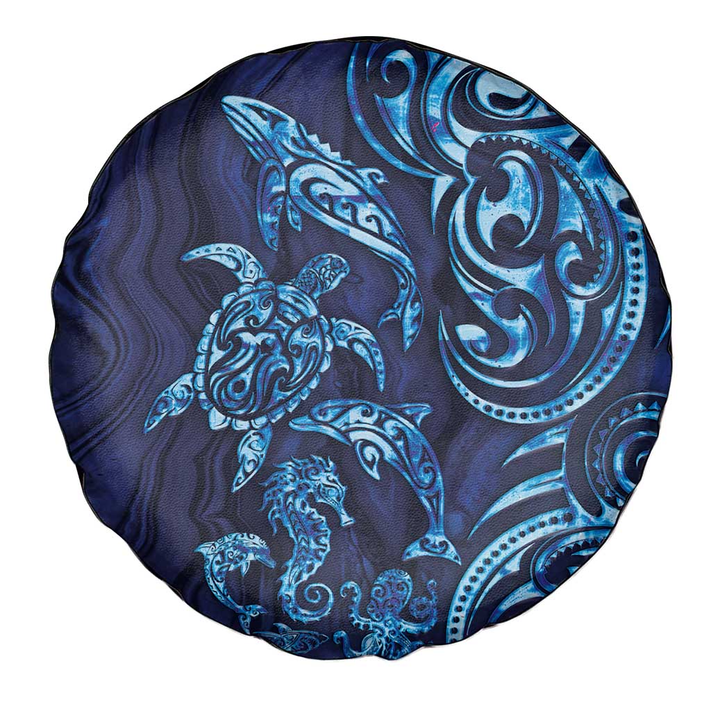 New Zealand Connecting with Seas Spare Tire Cover Maori Tribal and Sea Animals Tattoo - Sea Texture Glass Style