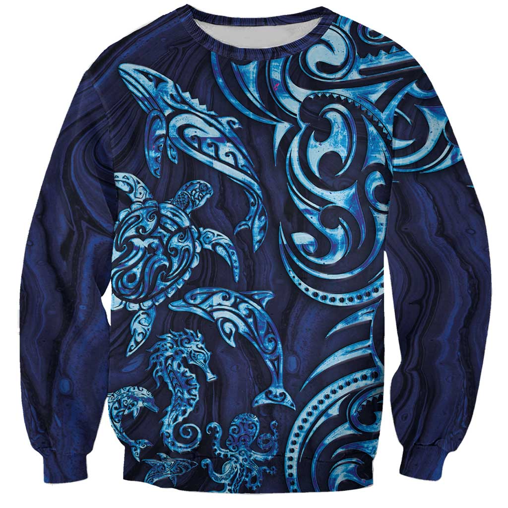 New Zealand Connecting with Seas Sweatshirt Maori Tribal and Sea Animals Tattoo - Sea Texture Glass Style