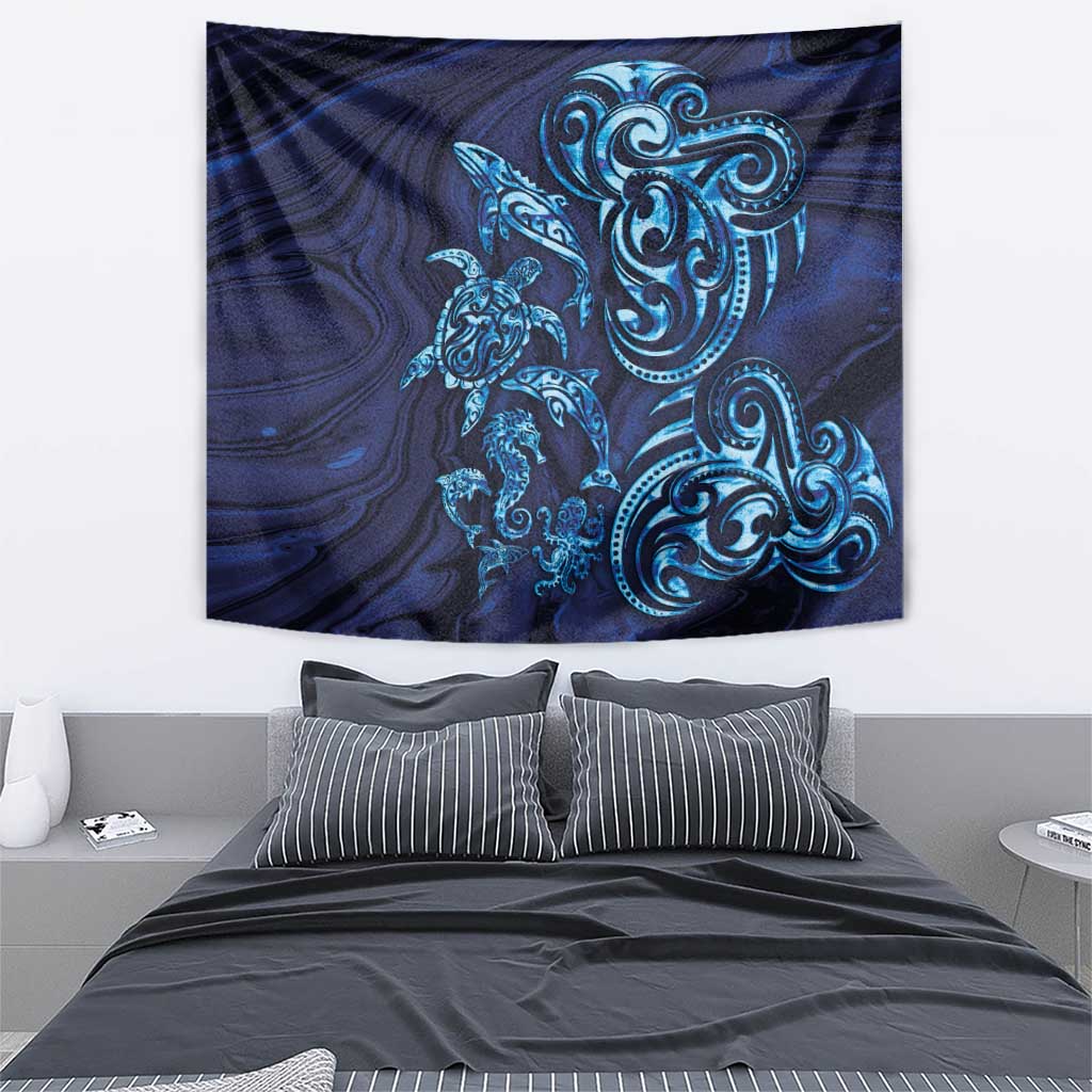 New Zealand Connecting with Seas Tapestry Maori Tribal and Sea Animals Tattoo - Sea Texture Glass Style