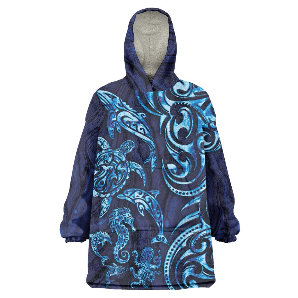 New Zealand Connecting with Seas Wearable Blanket Hoodie Maori Tribal and Sea Animals Tattoo - Sea Texture Glass Style LT03 One Size Navy - Polynesian Pride