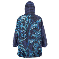 New Zealand Connecting with Seas Wearable Blanket Hoodie Maori Tribal and Sea Animals Tattoo - Sea Texture Glass Style