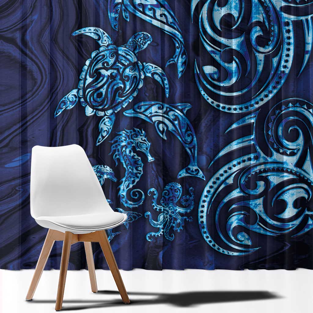 New Zealand Connecting with Seas Window Curtain Maori Tribal and Sea Animals Tattoo - Sea Texture Glass Style