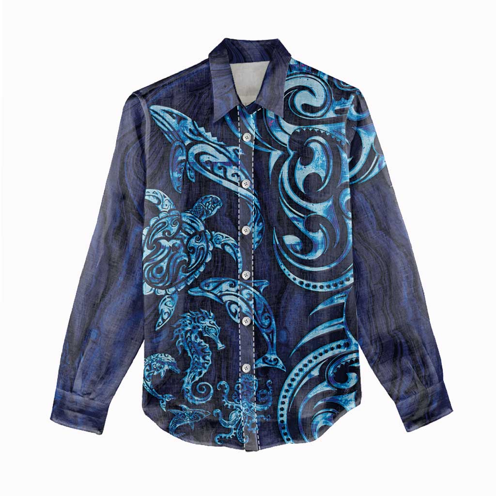 New Zealand Connecting with Seas Women Casual Shirt Maori Tribal and Sea Animals Tattoo - Sea Texture Glass Style