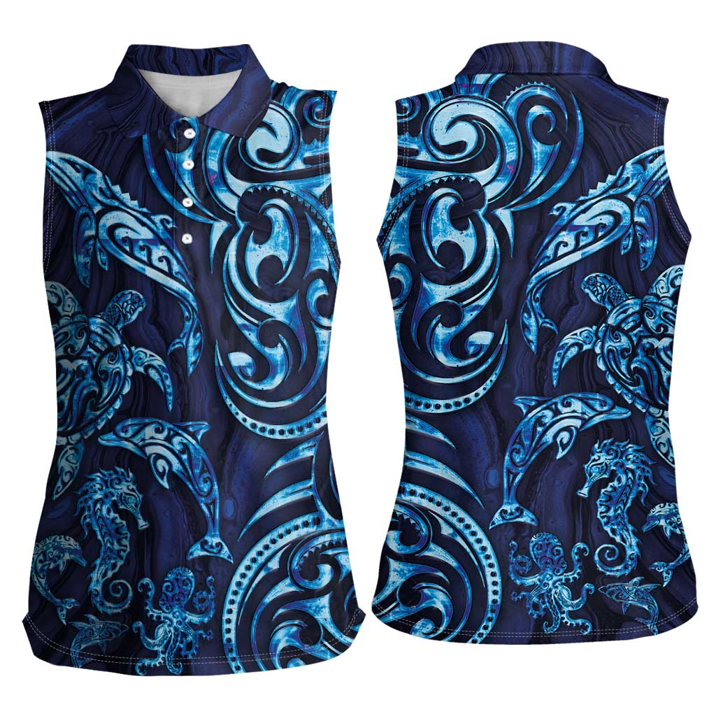 New Zealand Connecting with Seas Women Sleeveless Polo Shirt Maori Tribal and Sea Animals Tattoo - Sea Texture Glass Style