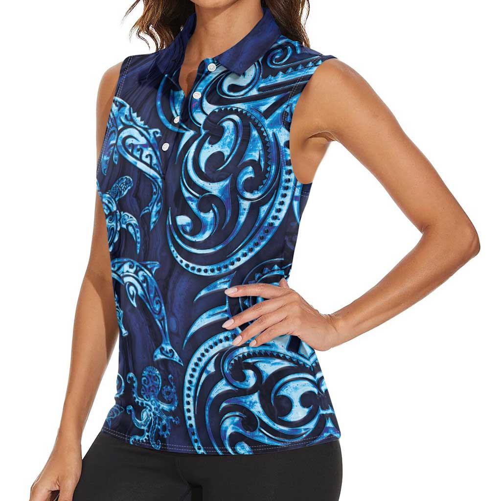 New Zealand Connecting with Seas Women Sleeveless Polo Shirt Maori Tribal and Sea Animals Tattoo - Sea Texture Glass Style