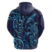 New Zealand Connecting with Seas Zip Hoodie Maori Tribal and Sea Animals Tattoo - Sea Texture Glass Style