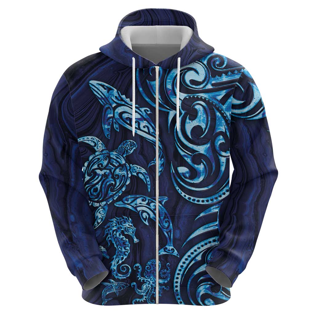 New Zealand Connecting with Seas Zip Hoodie Maori Tribal and Sea Animals Tattoo - Sea Texture Glass Style