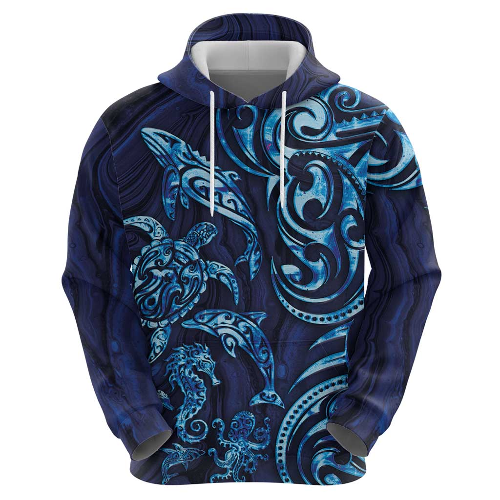 New Zealand Connecting with Seas Zip Hoodie Maori Tribal and Sea Animals Tattoo - Sea Texture Glass Style