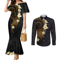 Polynesian Spiral Tribal Tattoo Couples Matching Mermaid Dress and Long Sleeve Button Shirt Golden Color