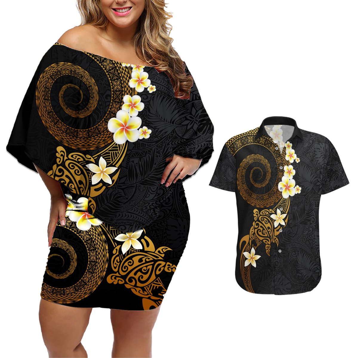 Polynesian Spiral Tribal Tattoo Couples Matching Off Shoulder Short Dress and Hawaiian Shirt Golden Color LT03 Yellow - Polynesian Pride