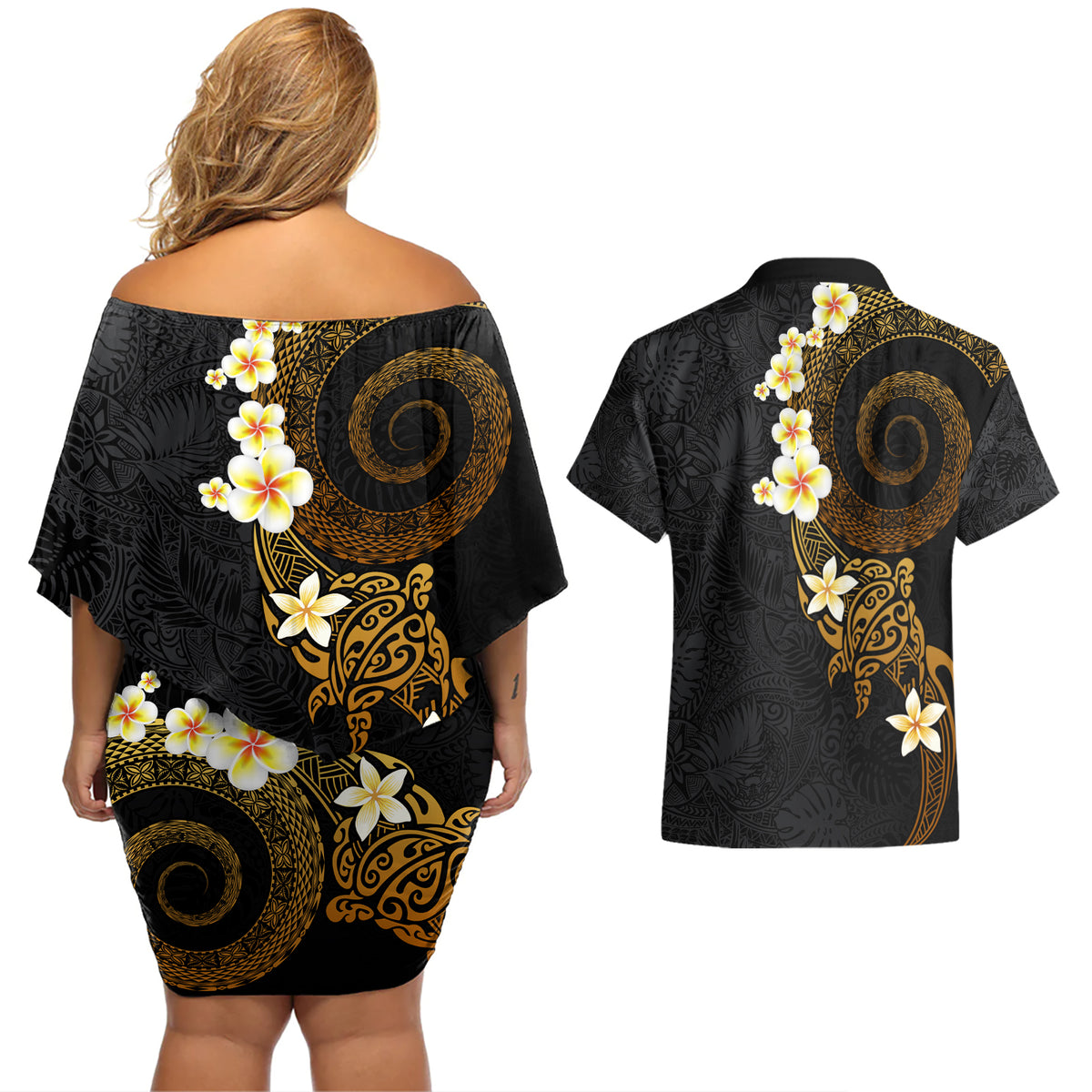 Polynesian Spiral Tribal Tattoo Couples Matching Off Shoulder Short Dress and Hawaiian Shirt Golden Color