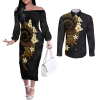 Polynesian Spiral Tribal Tattoo Couples Matching Off The Shoulder Long Sleeve Dress and Long Sleeve Button Shirt Golden Color