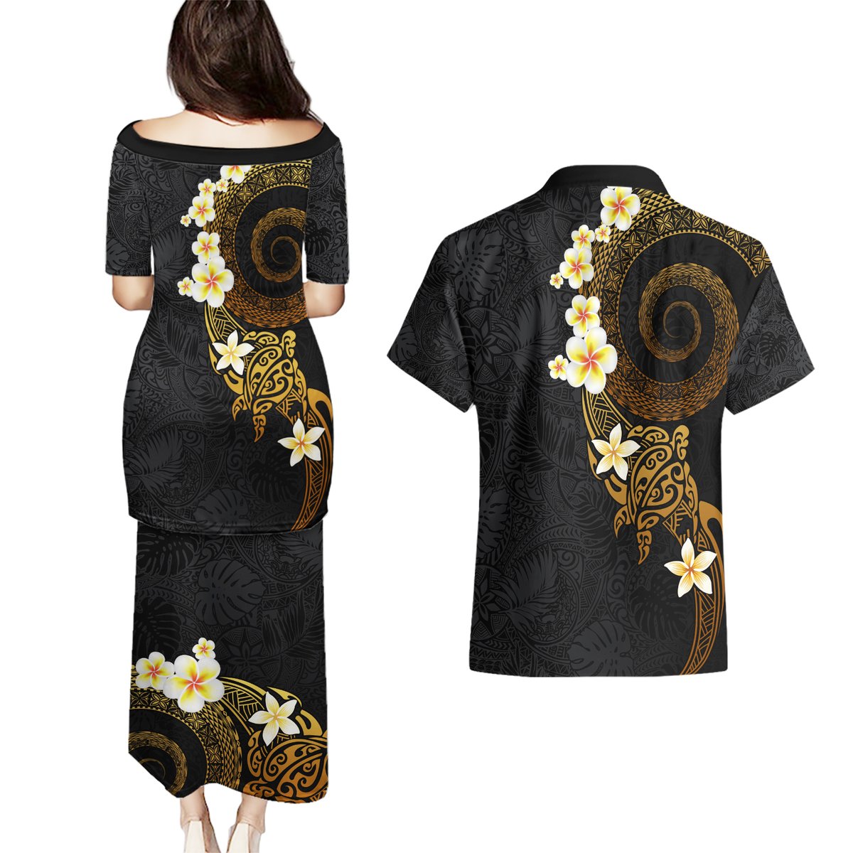 Polynesian Spiral Tribal Tattoo Couples Matching Puletasi and Hawaiian Shirt Golden Color LT03 - Polynesian Pride