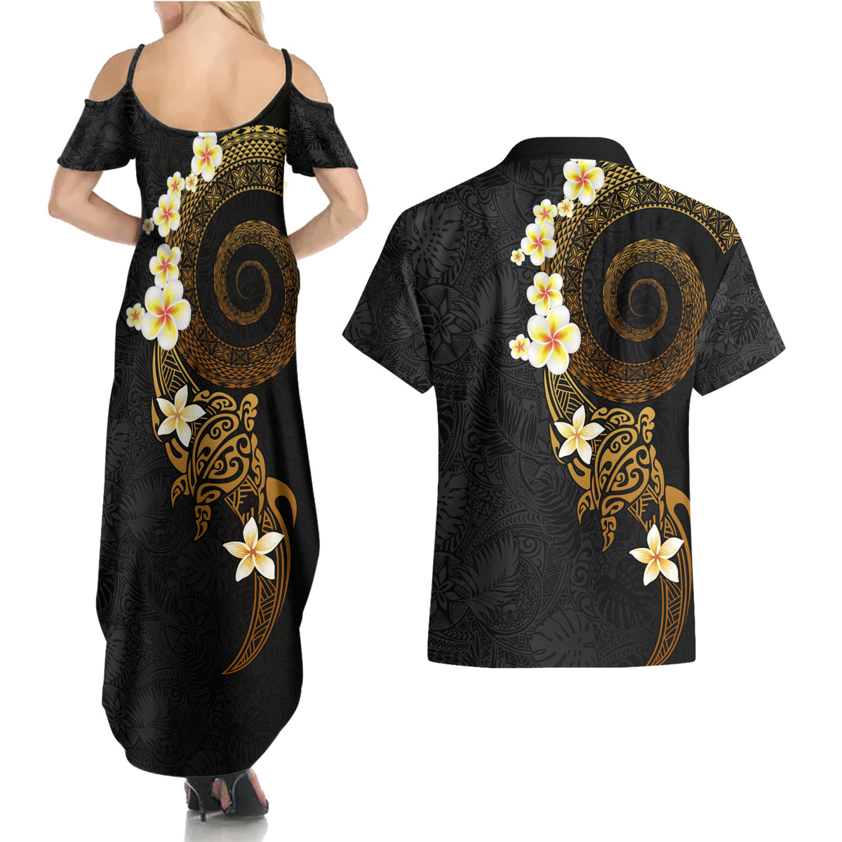 Polynesian Spiral Tribal Tattoo Couples Matching Summer Maxi Dress and Hawaiian Shirt Golden Color